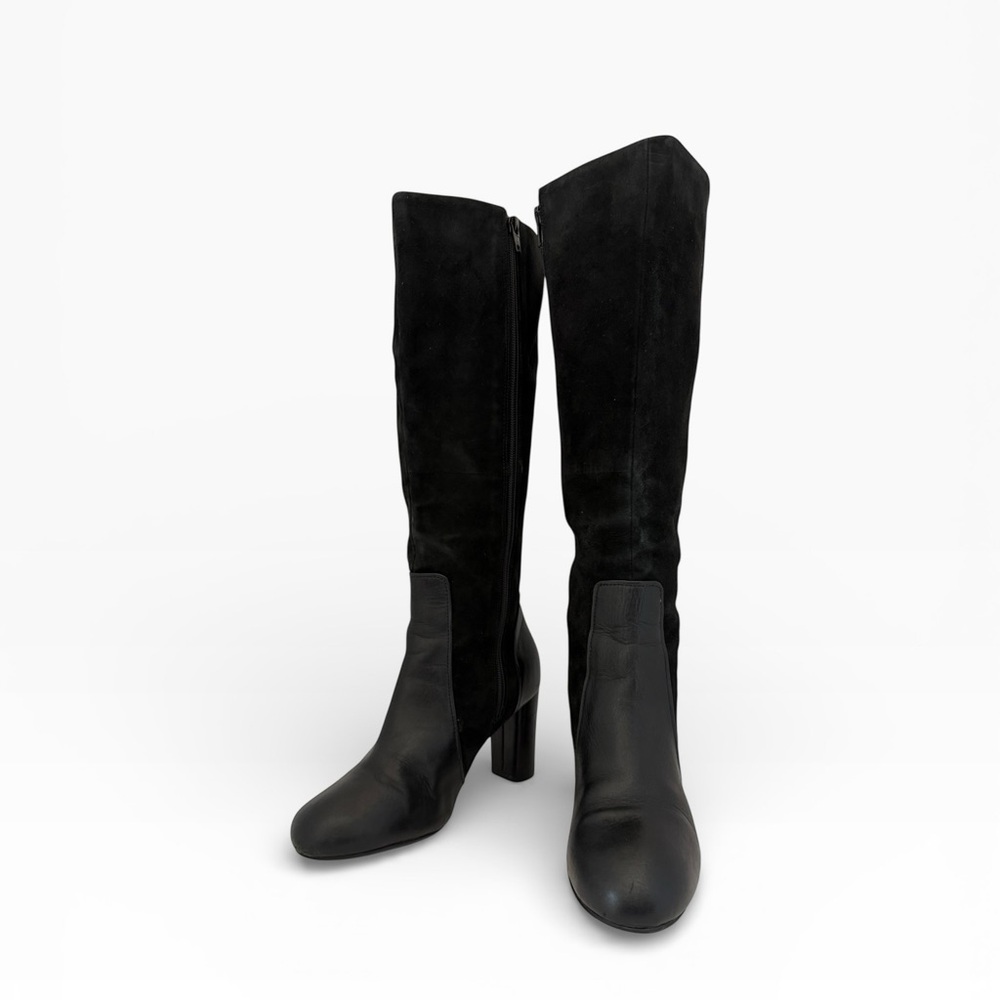 Black Tall Knee-High Leather & Suede Boots W 6.5 Block Heel Side Zip Clarks - Picture 2 of 13